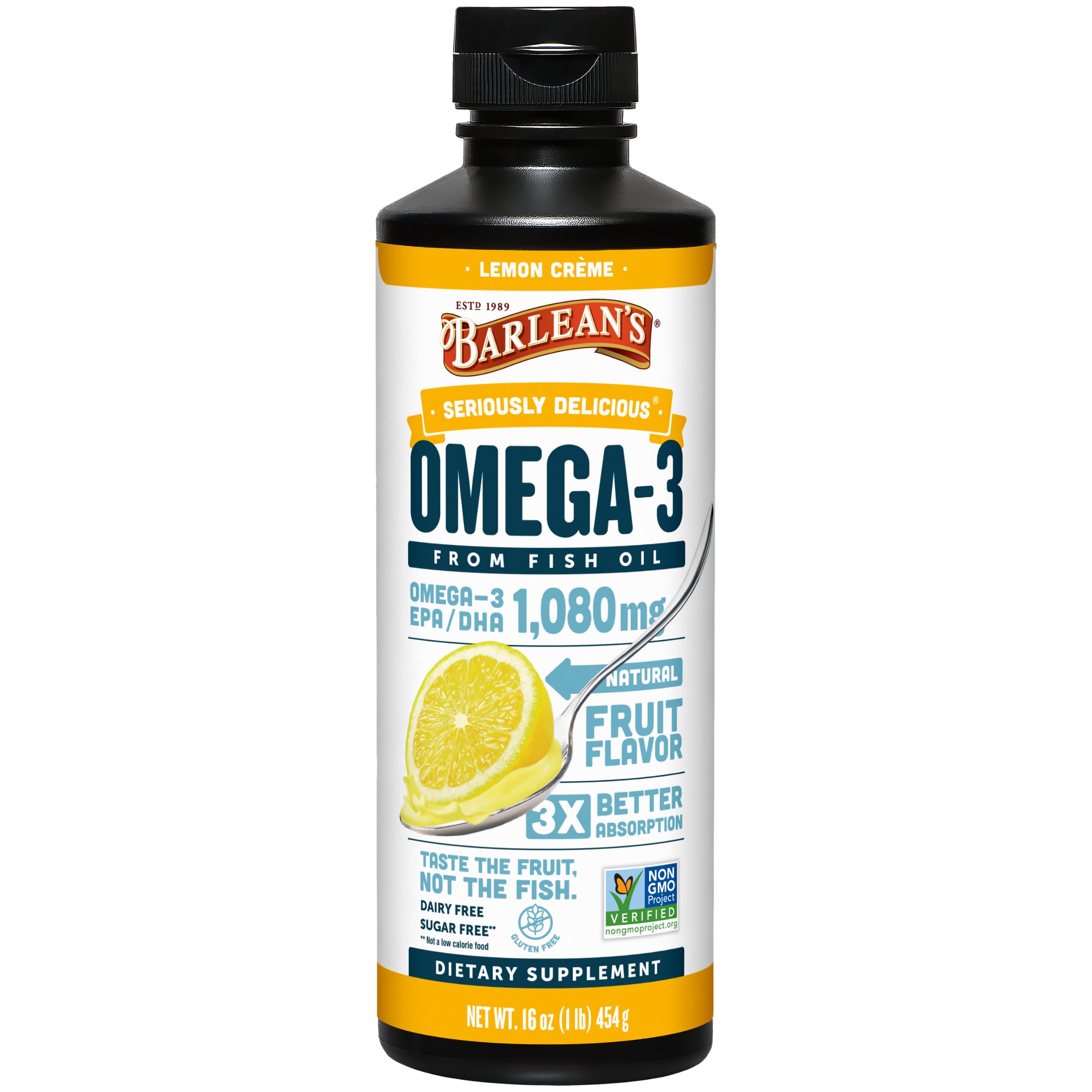Barlean's Omega 3 con sabor Limón Crema en botella; sabor agradable para toda la familia