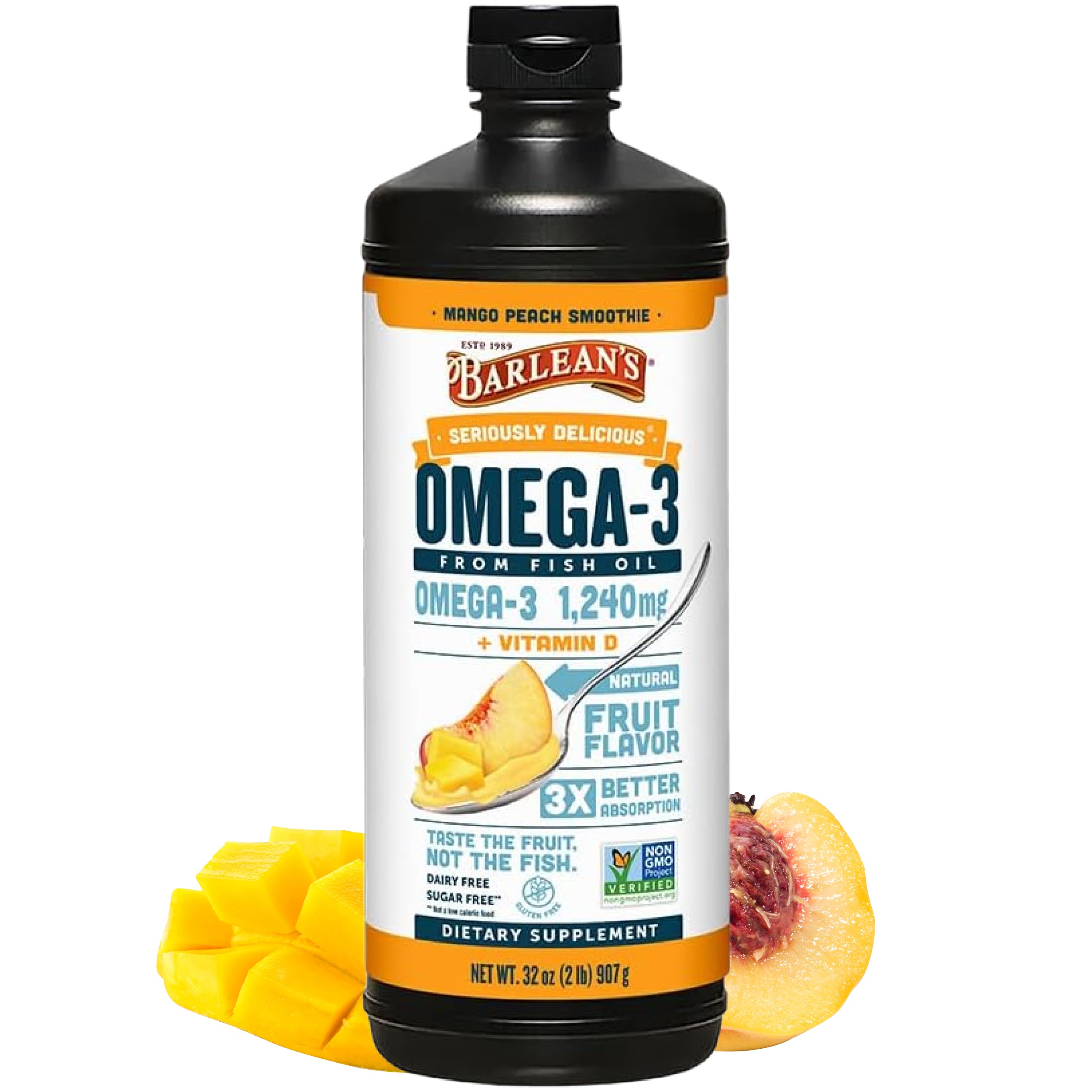 Barlean's Omega-3 sabor Mango Peach, textura cremosa ideal para toda la familia.