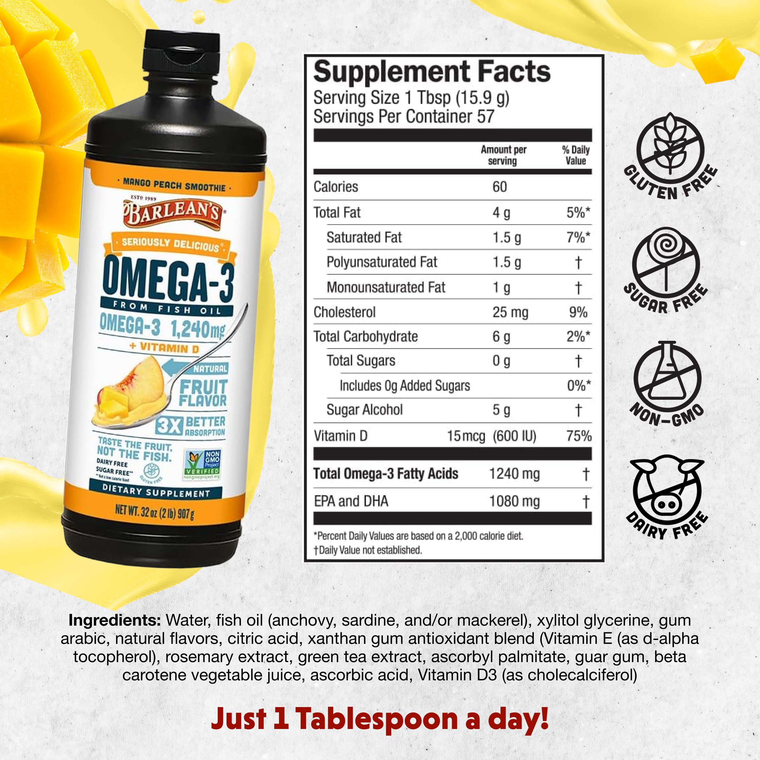 Omega-3 emulsión de Barlean's con alta biodisponibilidad para digestión suave.