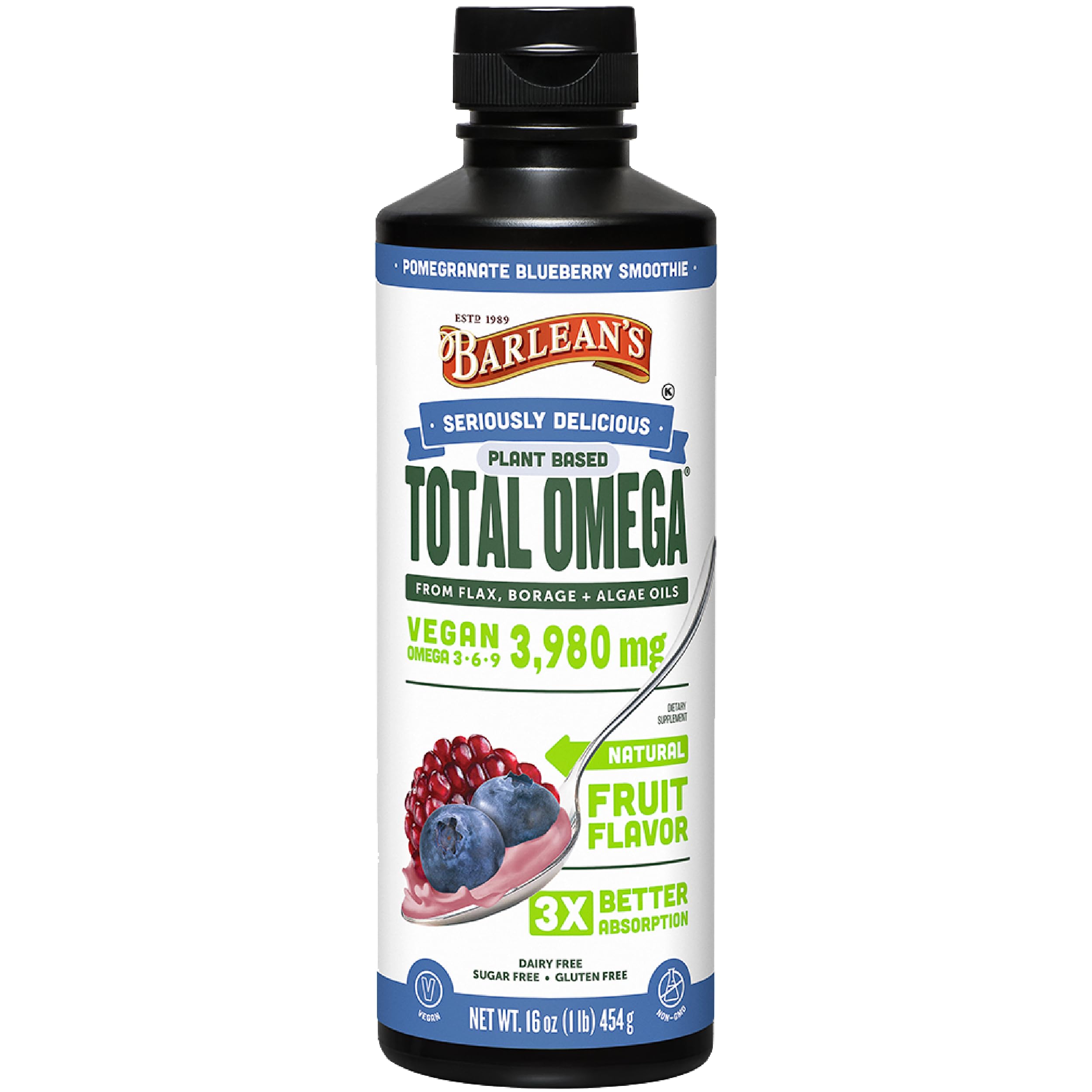 Barlean's Vegan Omega 3-6-9 botella con sabor granada-arándano y posible apoyo al bienestar general