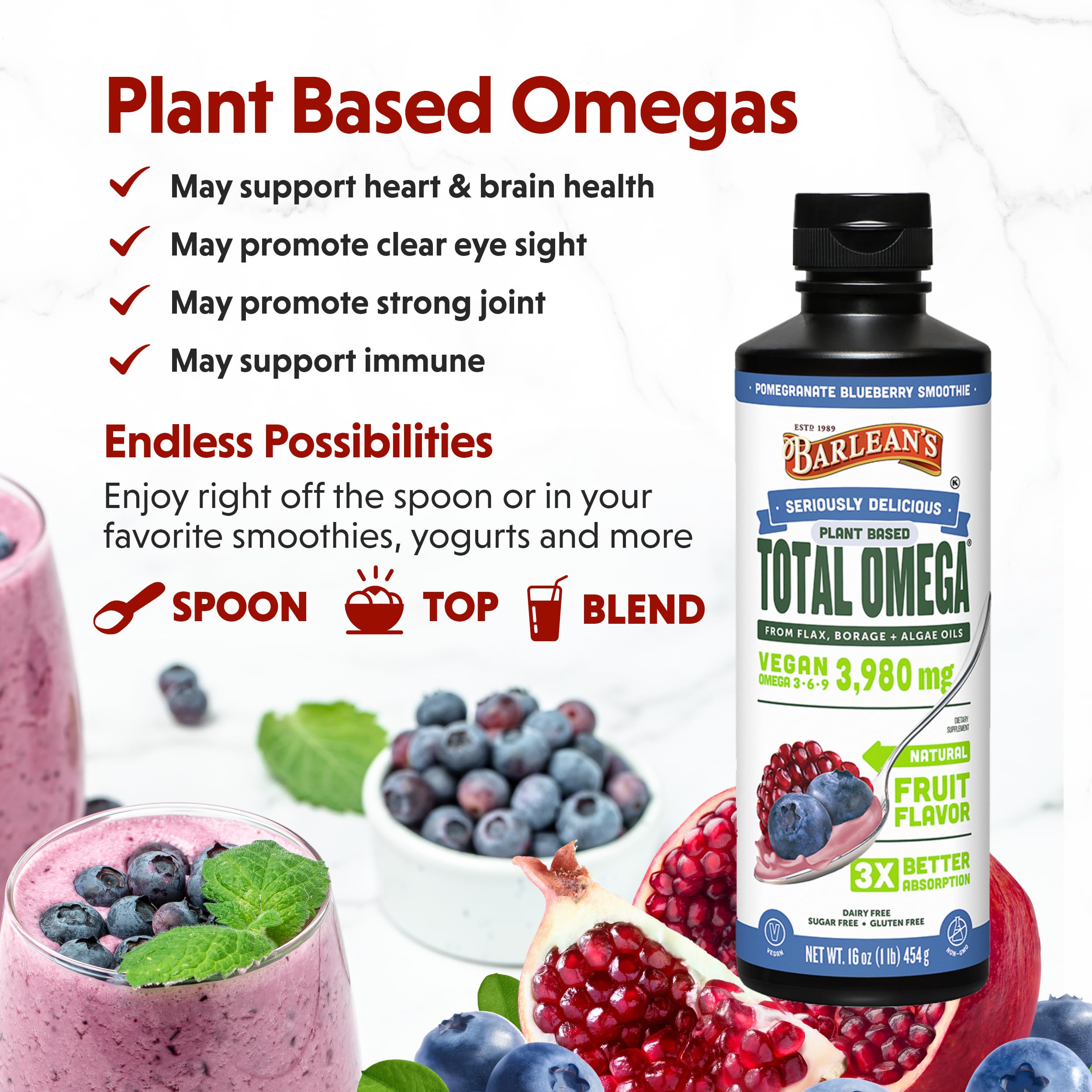 Cuchara para tomar Barlean's Vegan Omega 3-6-9 para dosis diaria fácil