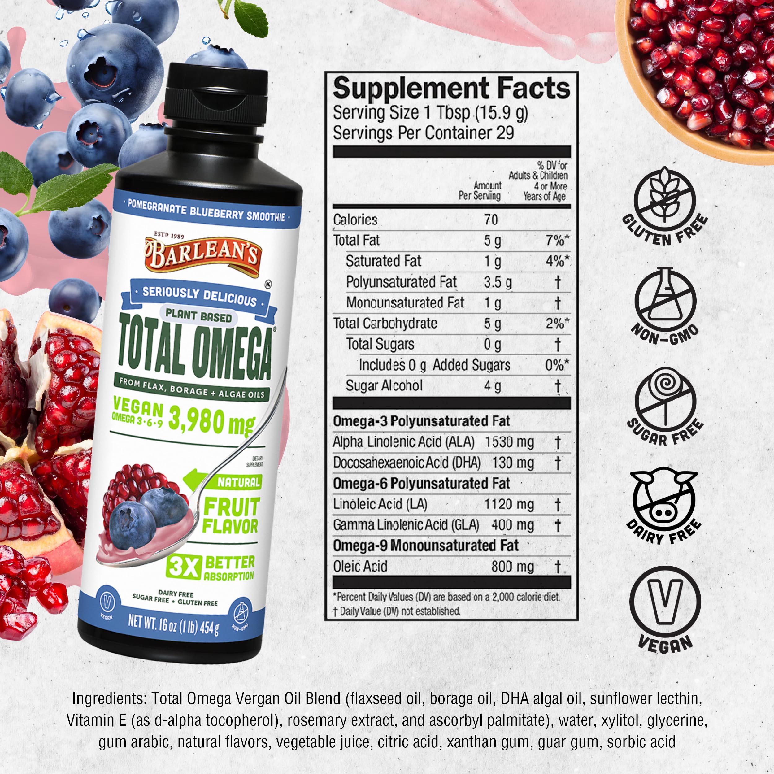 Envase de Barlean's Vegan Omega 3-6-9 de 16 oz para uso diario