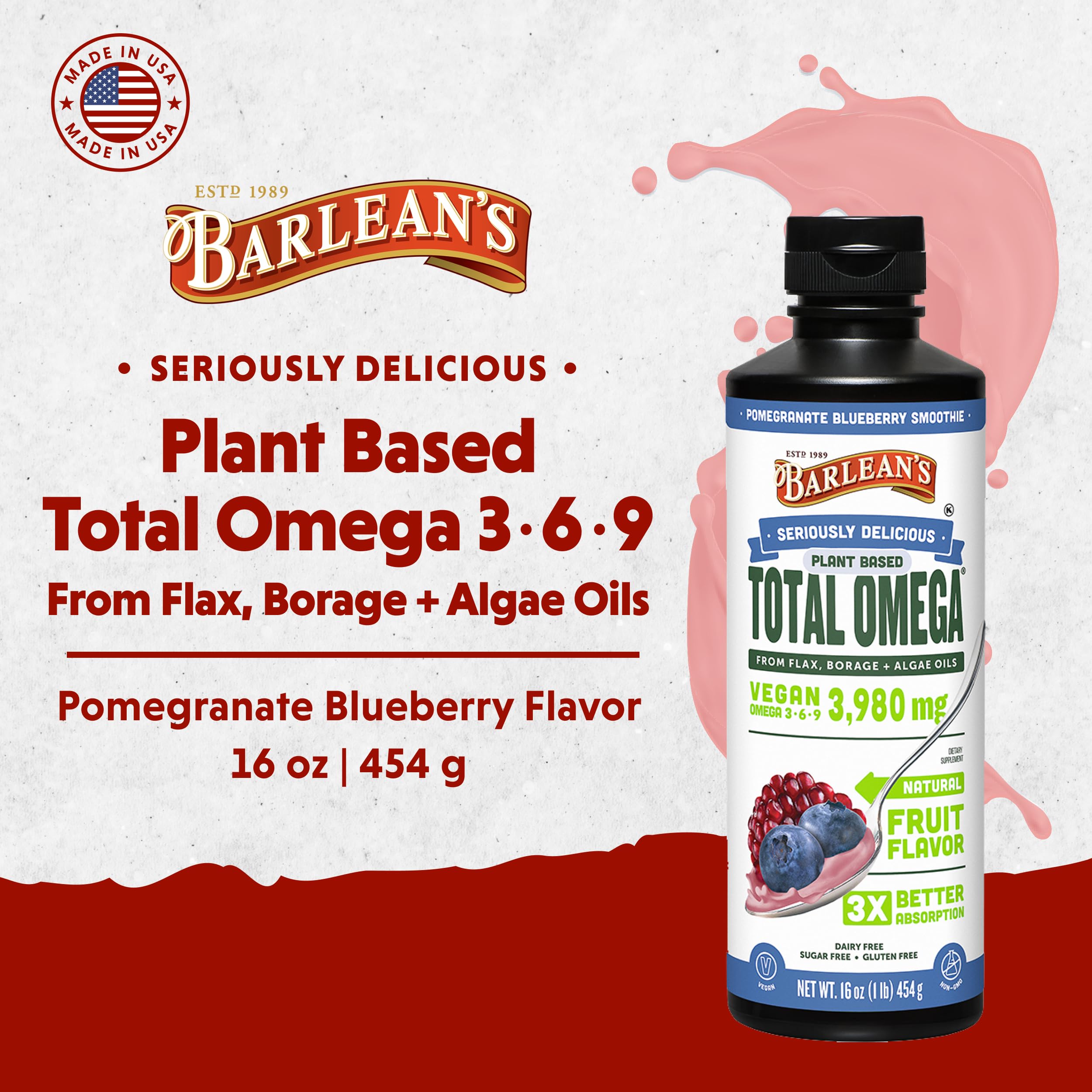 Etiqueta del producto Barlean's Vegan Omega 3-6-9 con información clara