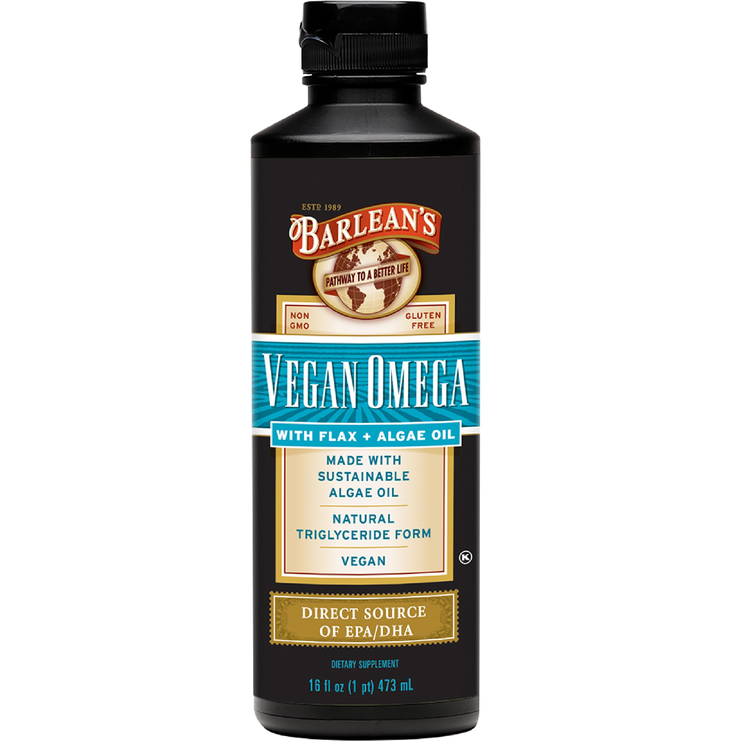 Barlean's Vegan Omega en botella, ideal para incorporar en ensaladas.