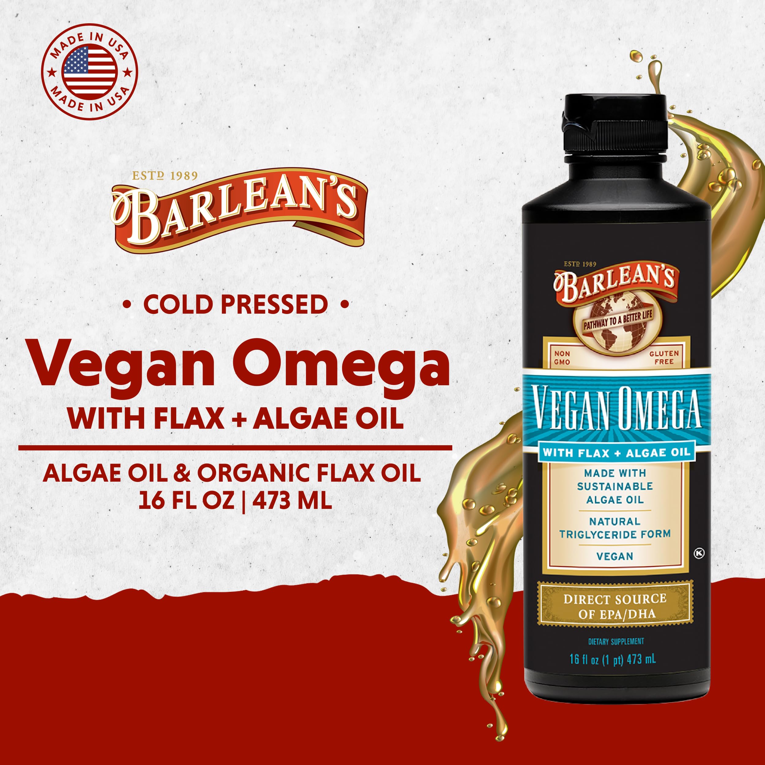Barlean's Vegan Omega, servido en cucharada diaria, fácil de tomar.