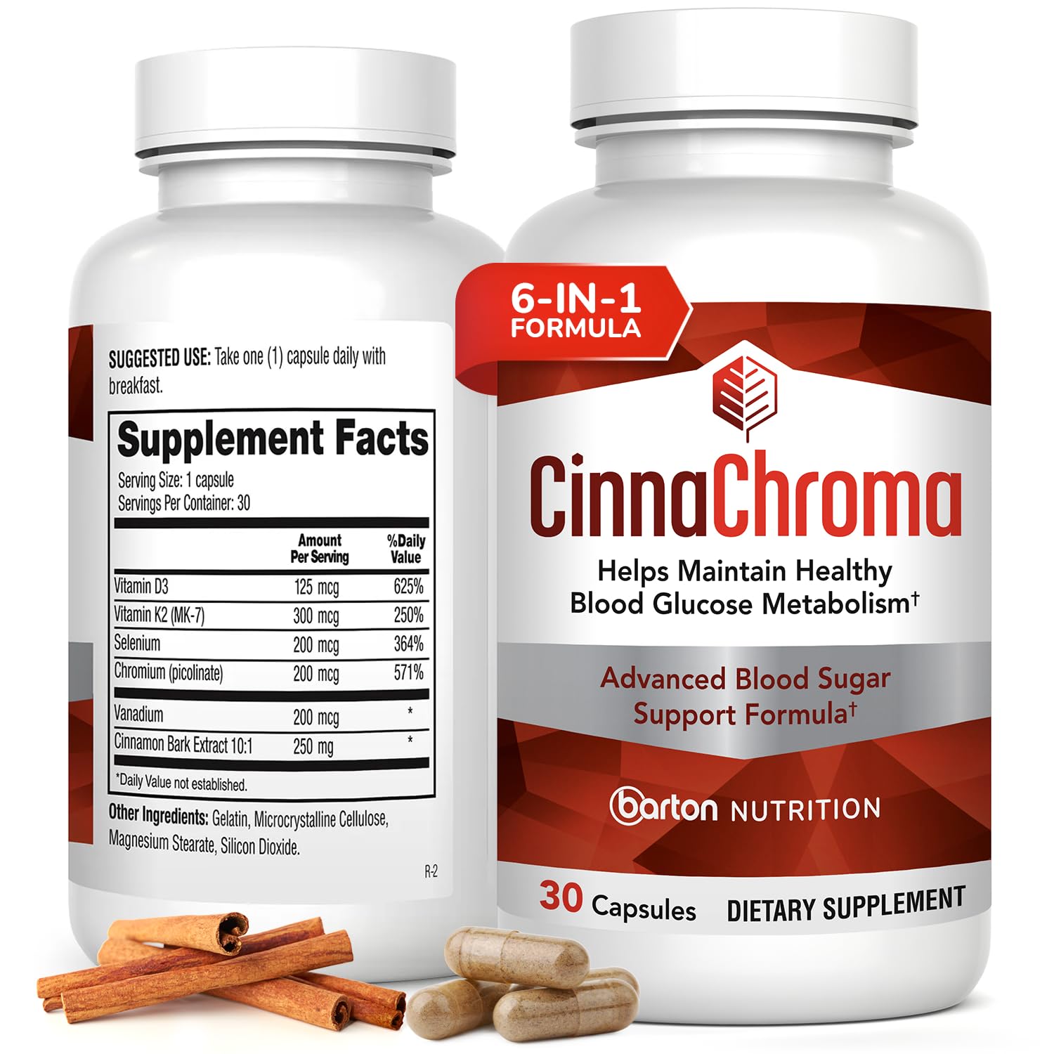 Barton Nutrition CinnaChroma, botella: posible apoyo natural a la glucosa.