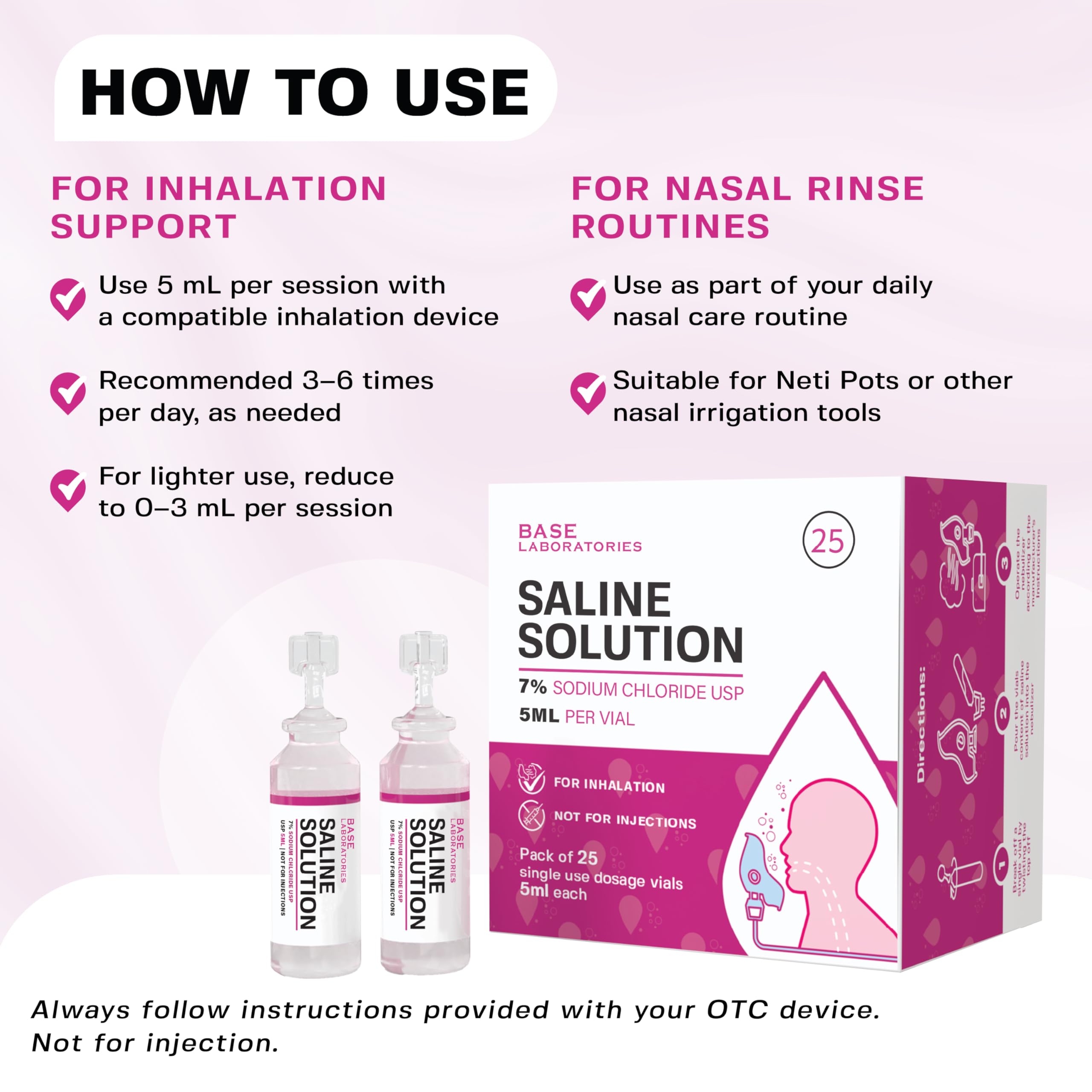 BASE LABORATORIES Solución salina 7% en botellas individuales de 5 ml.