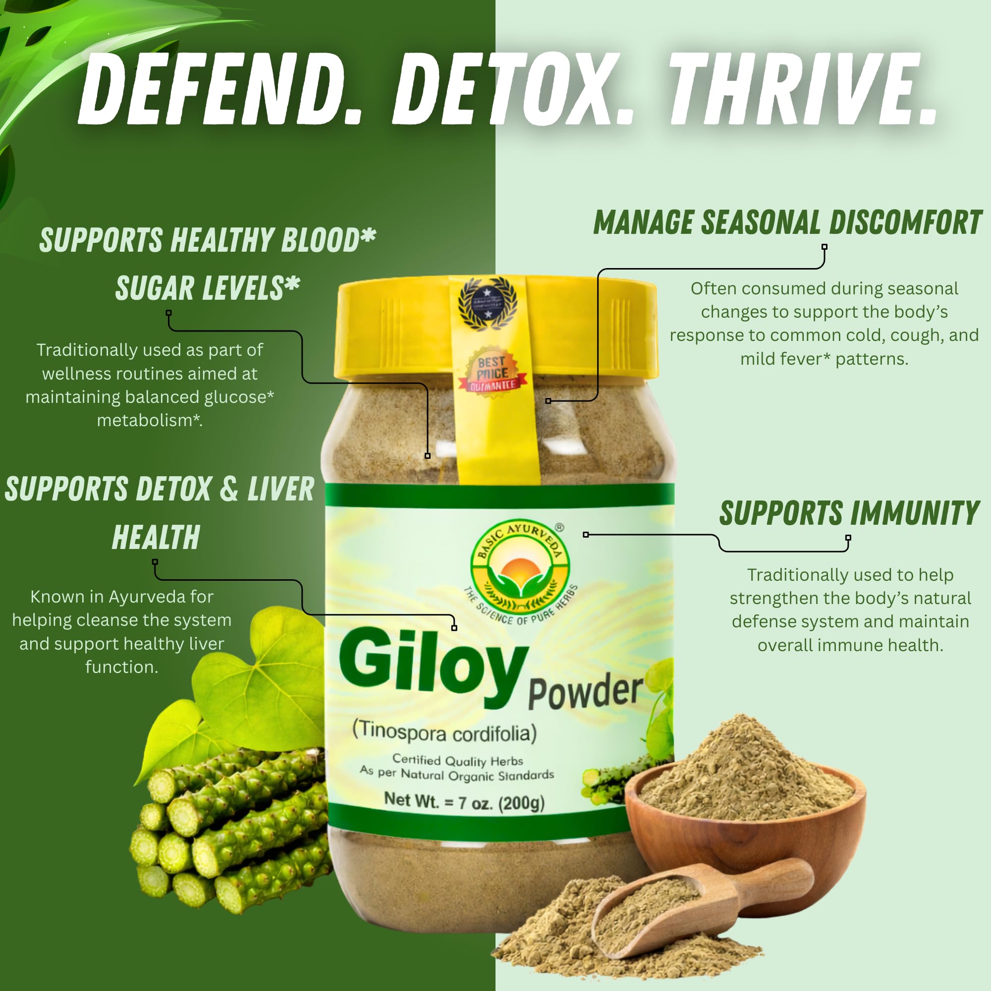 Etiqueta de BASIC AYURVEDA Giloy Powder sin colorantes ni sabores añadidos