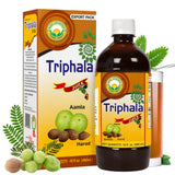 BASIC AYURVEDA Triphala Jugo: botella vertiendo para consumo diario.