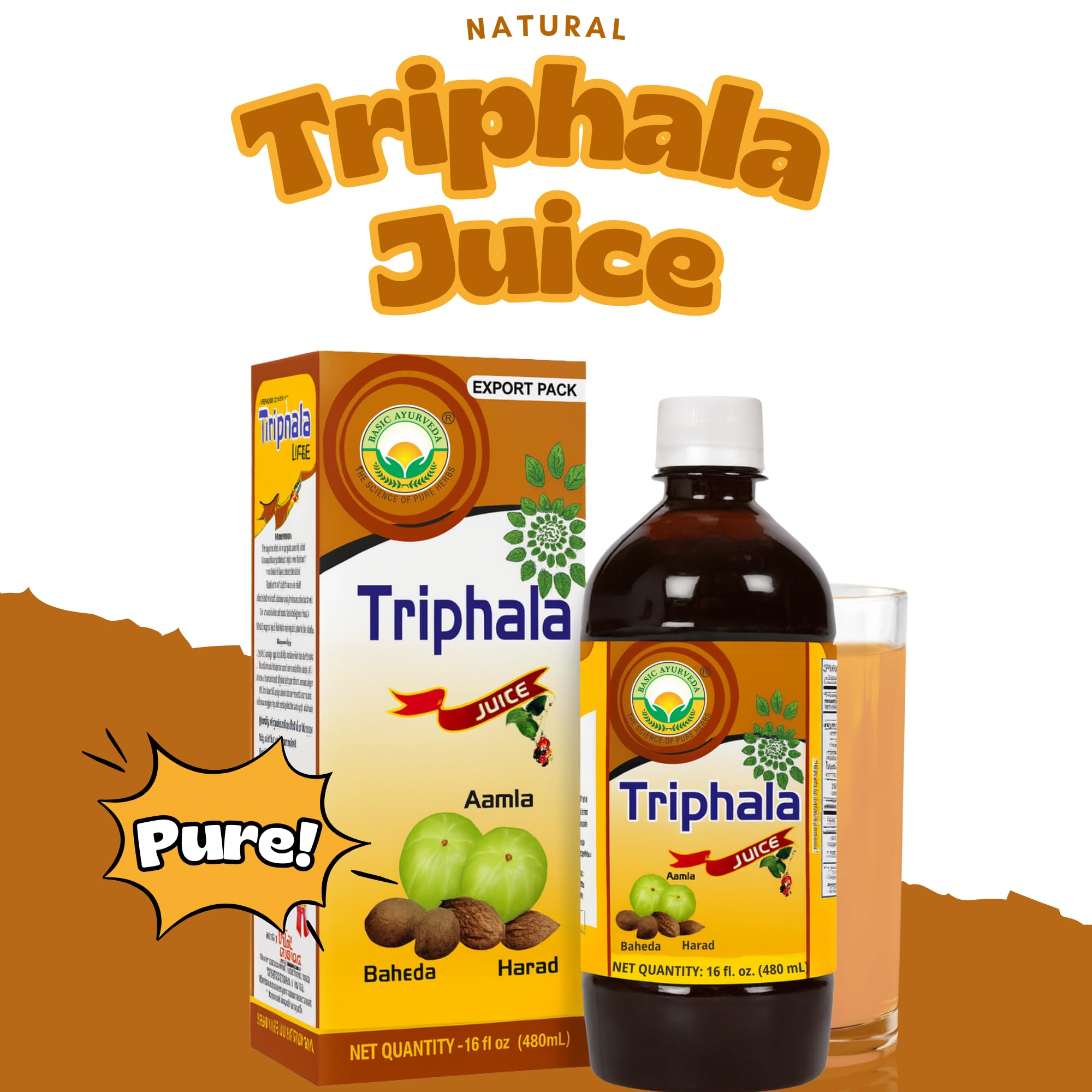BASIC AYURVEDA Triphala Jugo: etiqueta clara para transparencia y pureza.