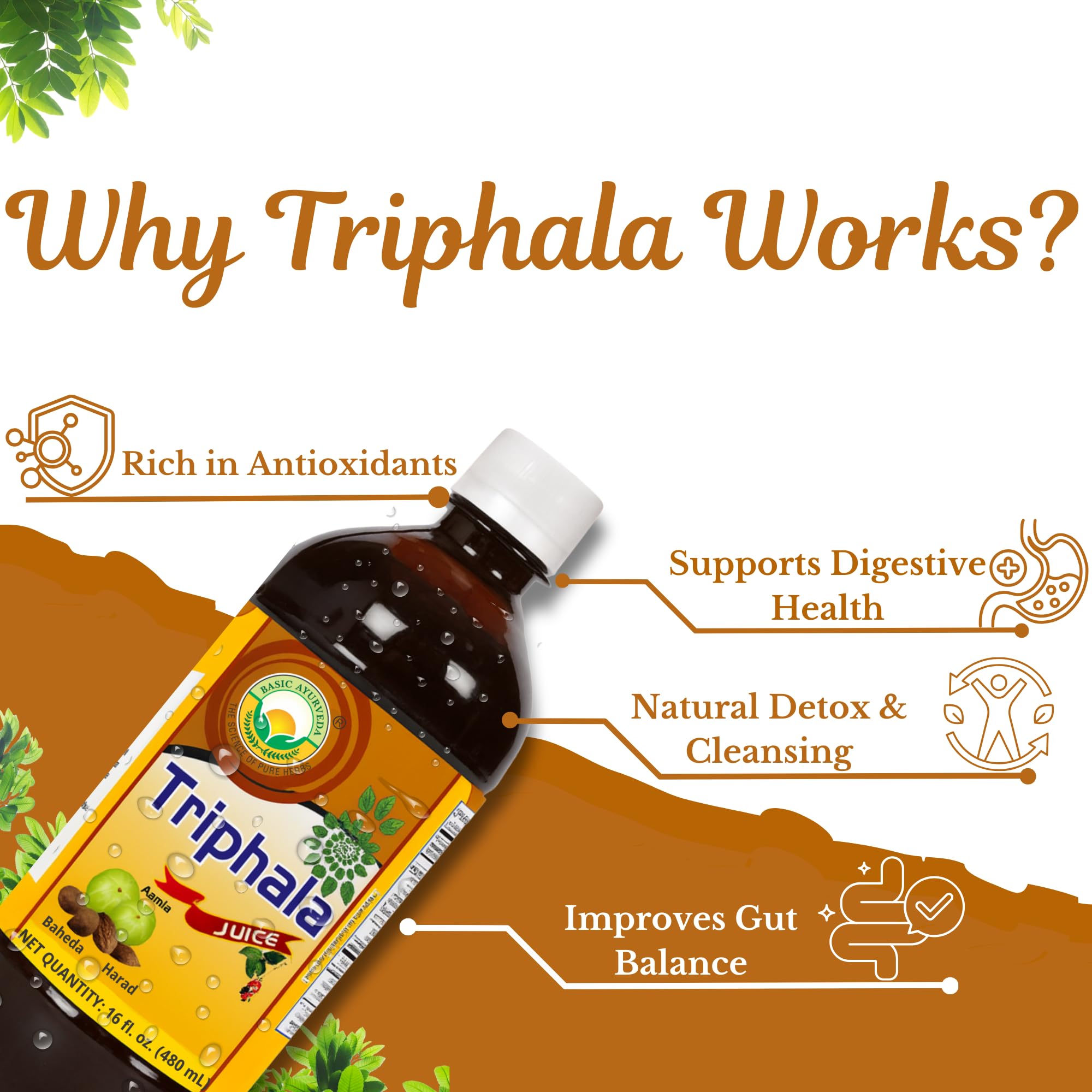 BASIC AYURVEDA Triphala Jugo: textura natural y color ámbar.