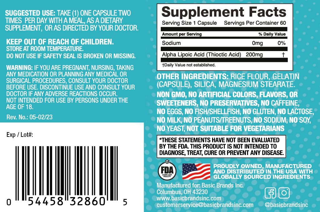 Primer plano de cápsulas Basic Brands, ácido alfa lipoico para uso antioxidante diario.
