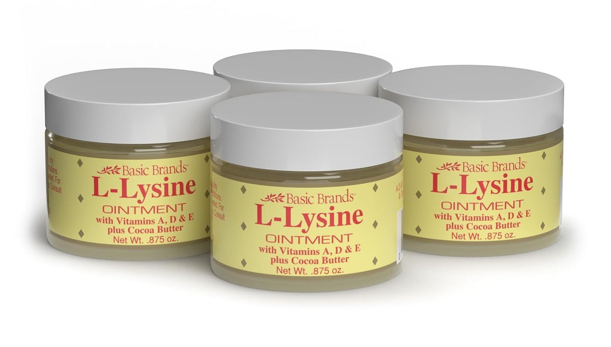 Basic Brands L-Lisina Ungüento 0.875 oz, textura clara para labios sin irritación.