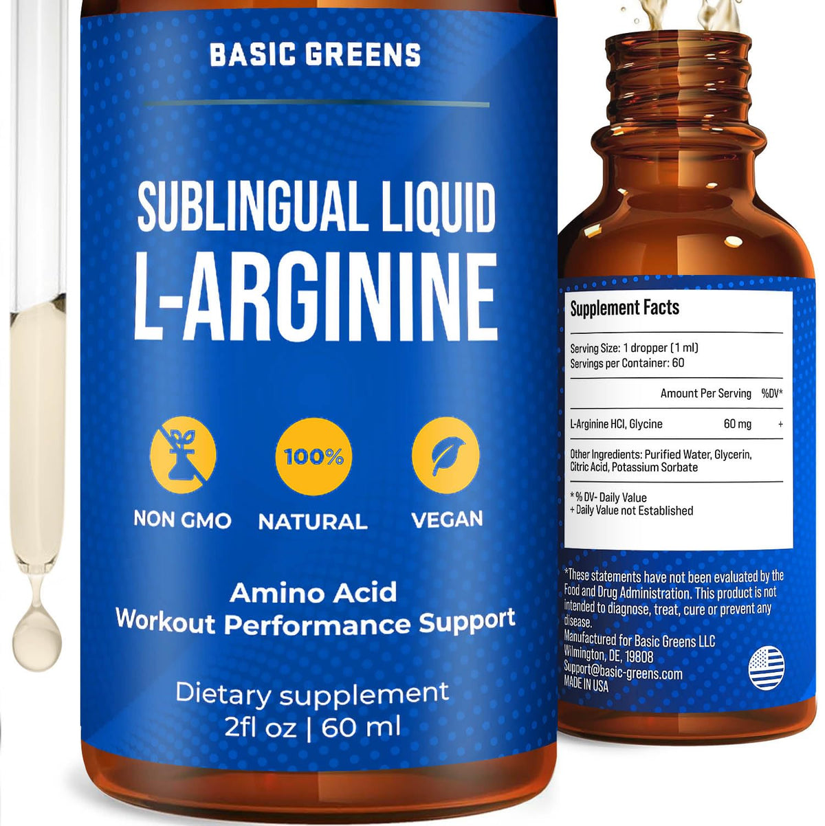 Botella de BASIC GREENS L-Arginina para apoyar energía y rendimiento diario.