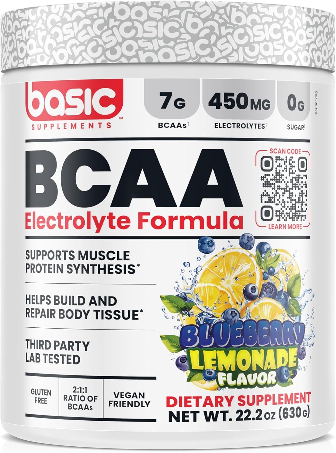 BASIC SUPPLEMENTS BCAA EN POLVO en bote, para recuperación muscular.