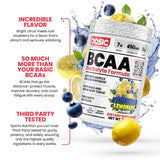 BASIC SUPPLEMENTS BCAA EN POLVO, etiqueta nutricional: sin azúcar y vegano.