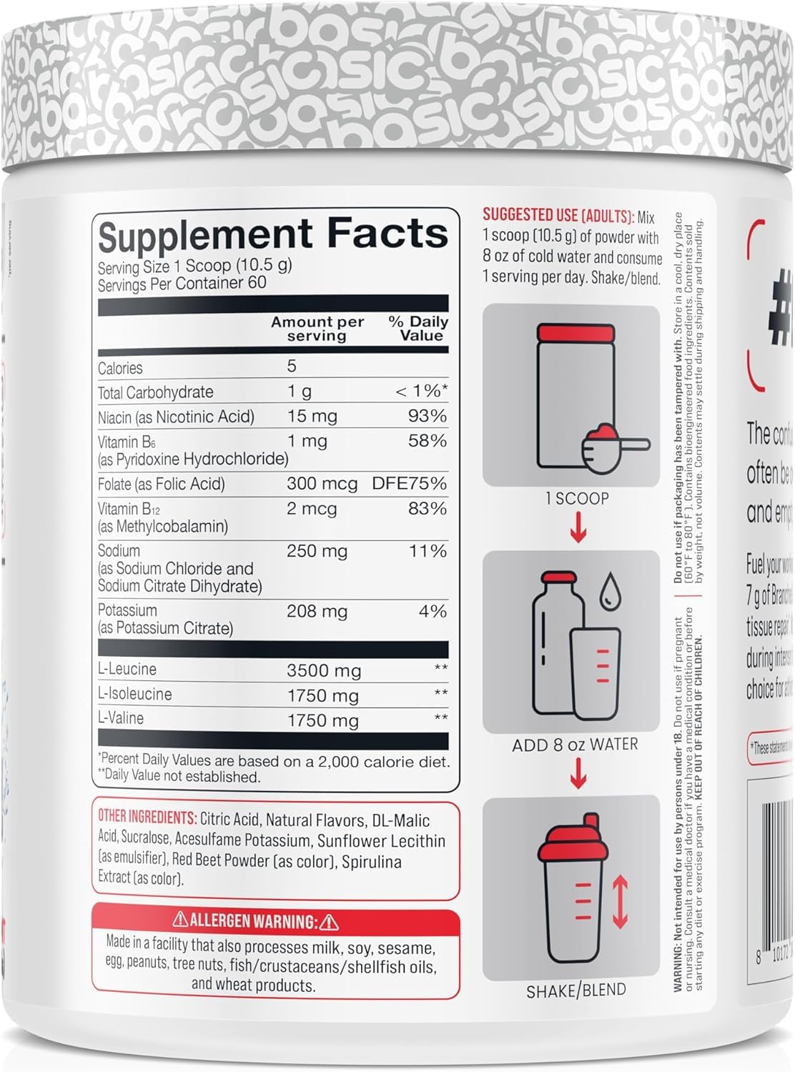 BASIC SUPPLEMENTS BCAA EN POLVO con medidor para dosis precisas.