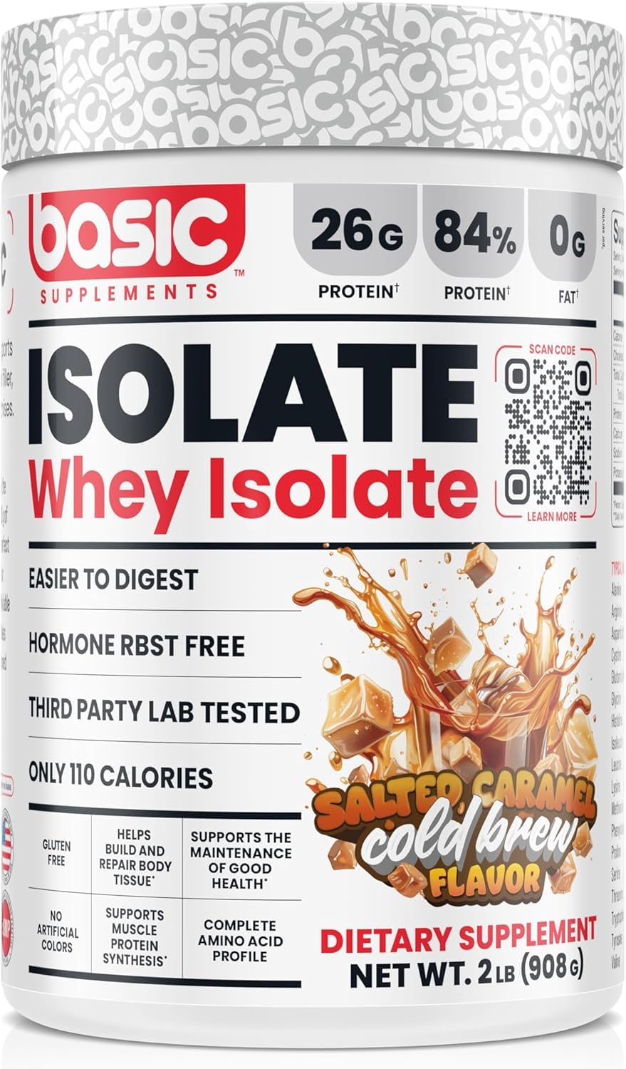 Basic Supplements Basic Whey Isolate en el bote, 26 g de proteína por porción para recuperación muscular.