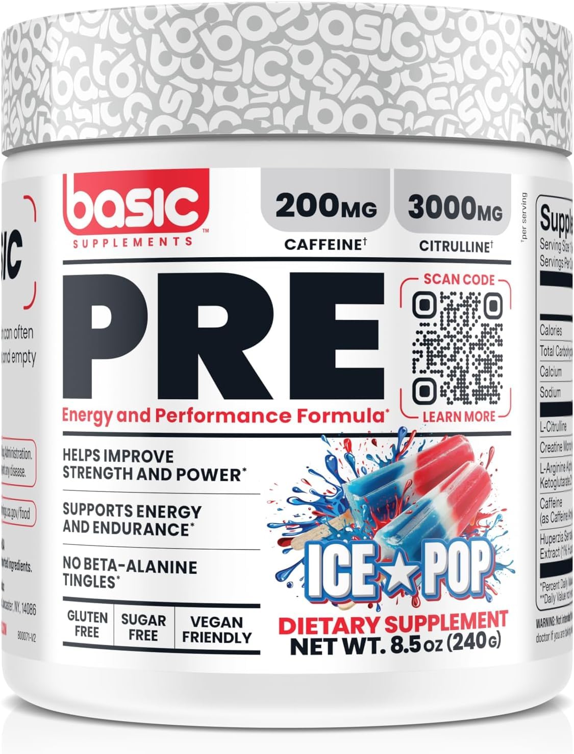 Basic Supplements Pre-entrenamiento con cafeína para energía sostenida durante el entrenamiento.