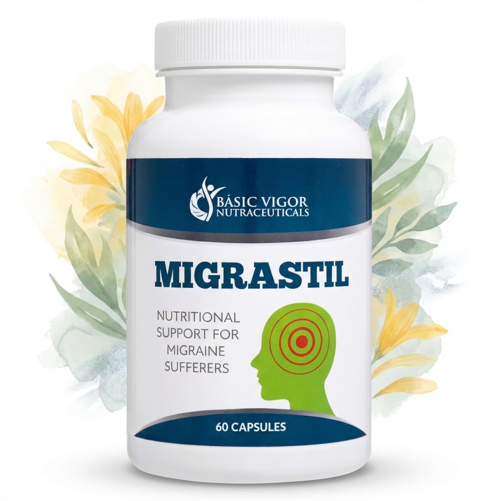 Basic Vigor Migrastil, botella frontal, presentación natural para apoyar migrañas.