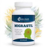 Basic Vigor Migrastil, botella frontal, presentación natural para apoyar migrañas.