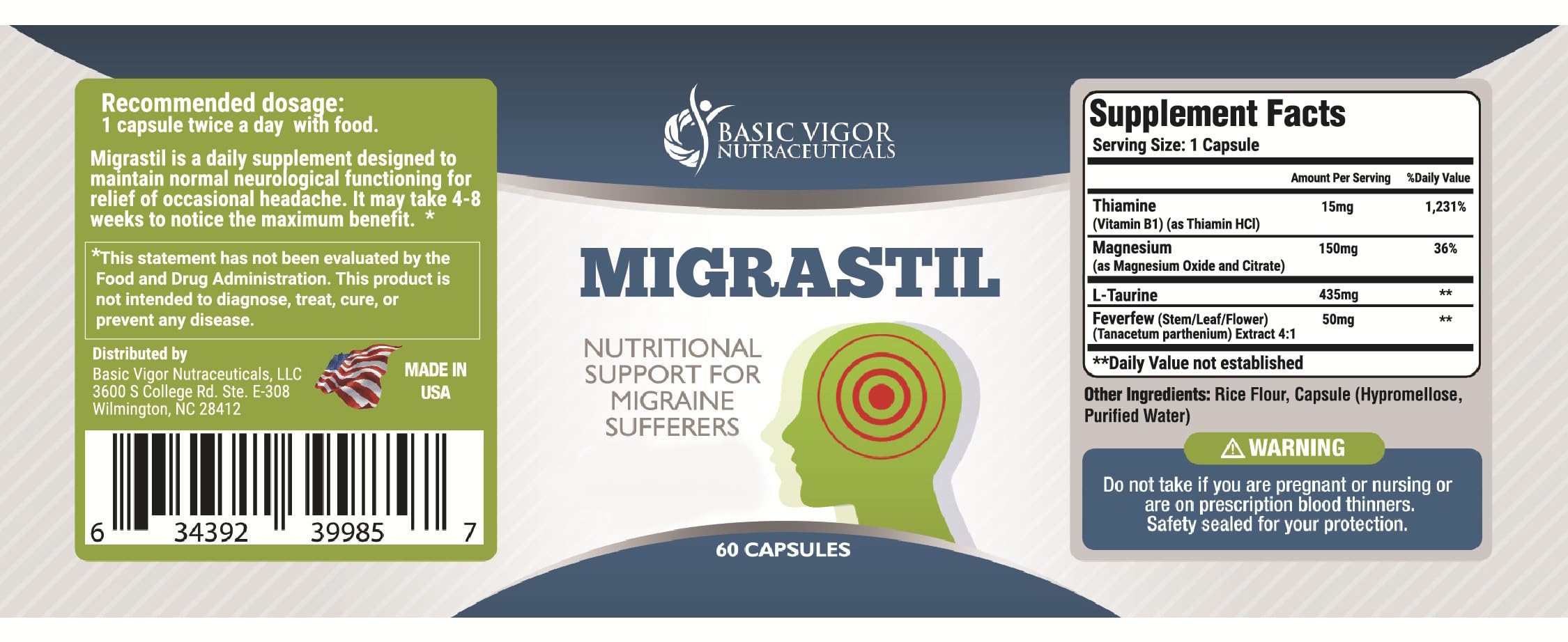 Basic Vigor Migrastil, caja y cápsulas listas para uso diario.