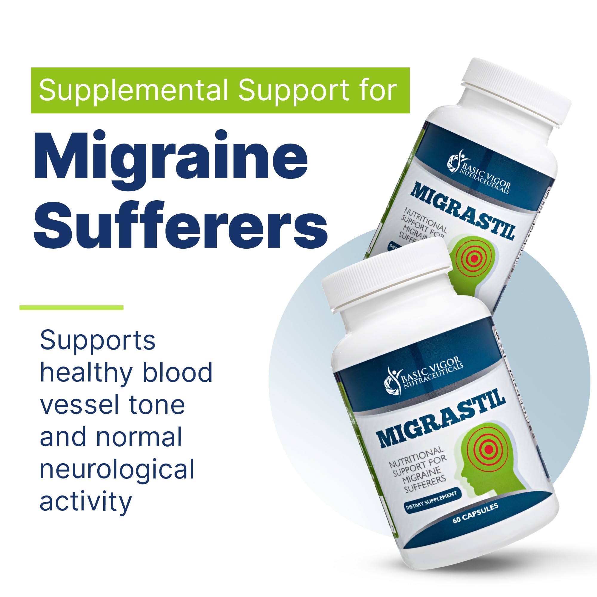 Basic Vigor Migrastil, cápsulas cerradas, formato vegetariano para uso diario.
