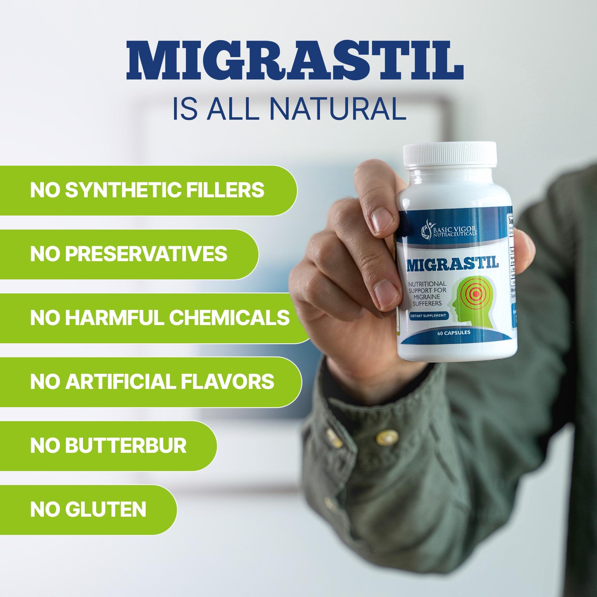 Basic Vigor Migrastil, etiqueta y logo, señal de producto confiable.