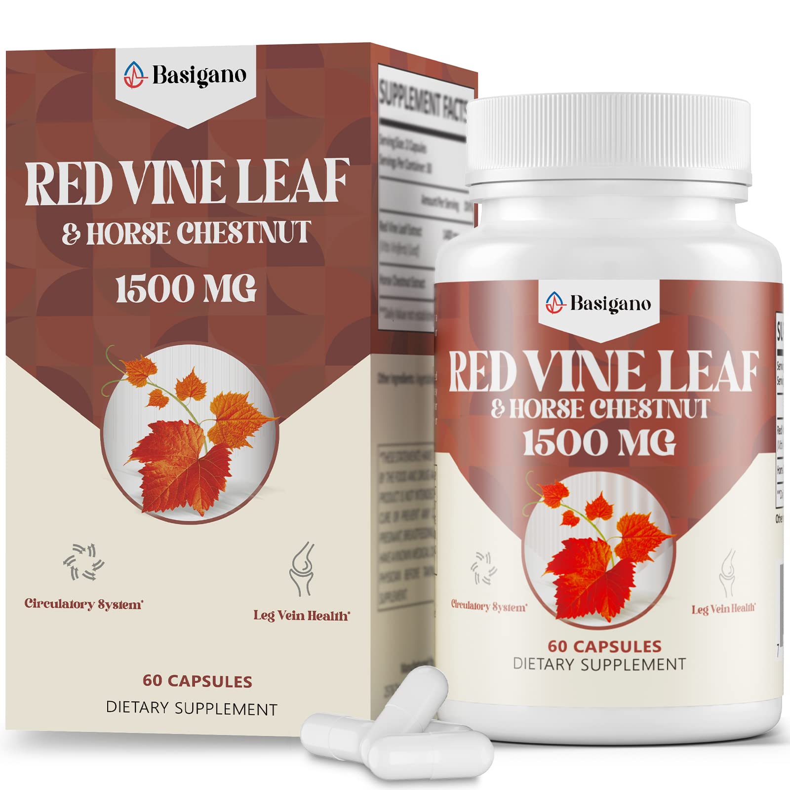 Basigano botella con cápsulas de extracto de hoja de uva roja para apoyar la circulación