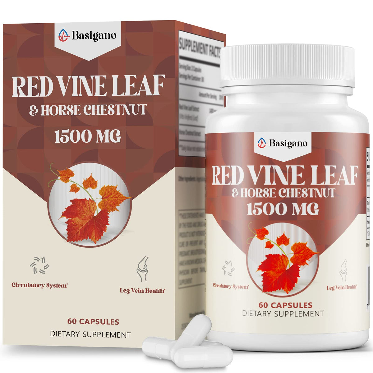 Basigano botella con cápsulas de extracto de hoja de uva roja para apoyar la circulación