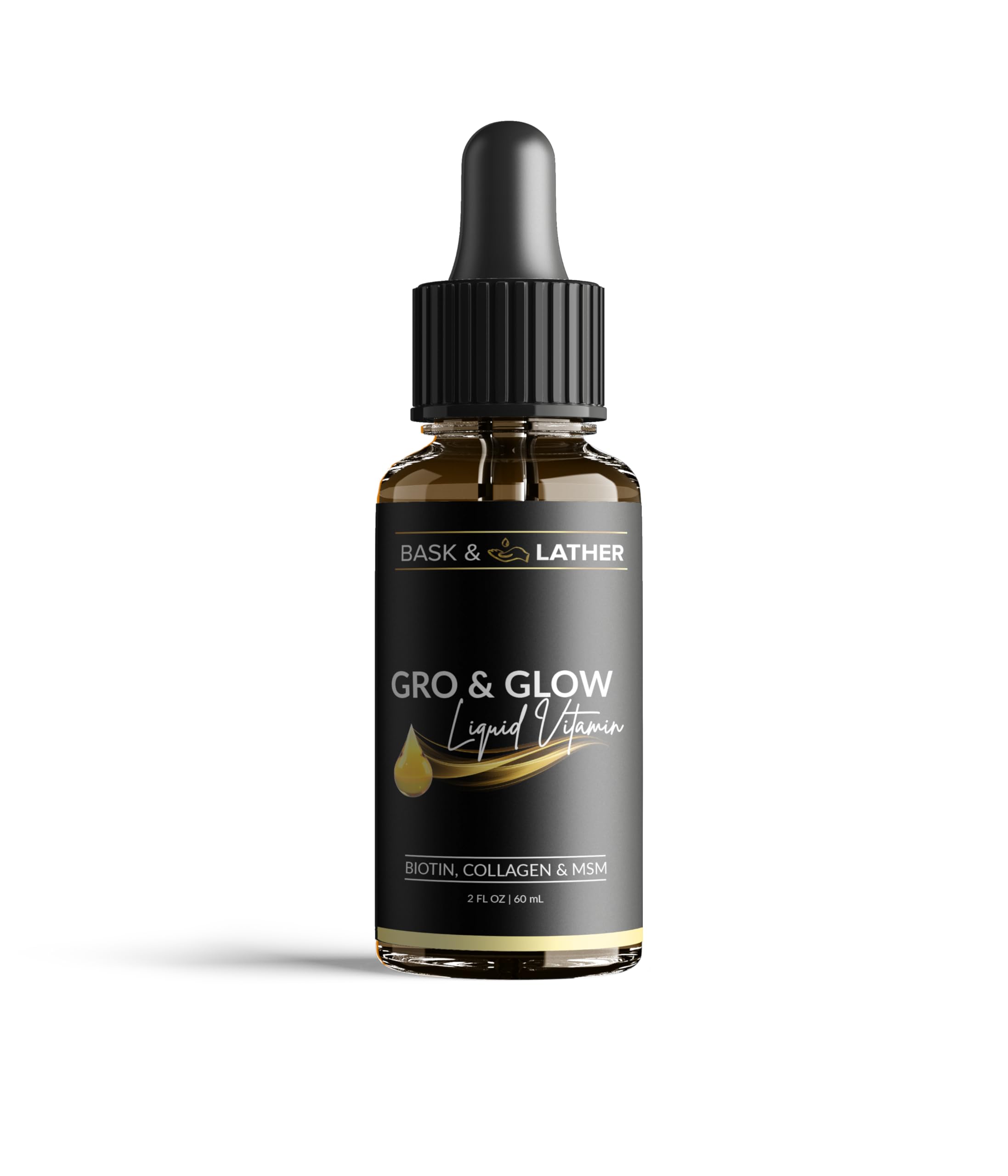 Bask & Lather Gro & Glow botella licuada para uso diario.