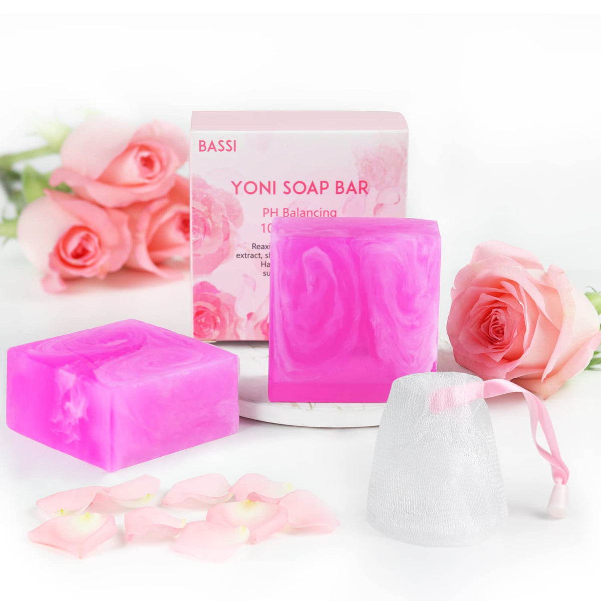 Barra Yoni de BASSI con rosas, aroma suave para cuidado diario.