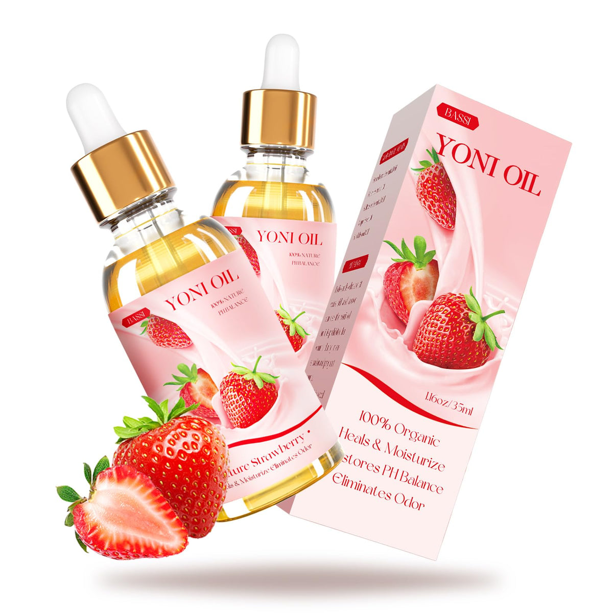 BASSI Aceite Yoni de fresa en empaque, cuidado íntimo natural para uso diario.