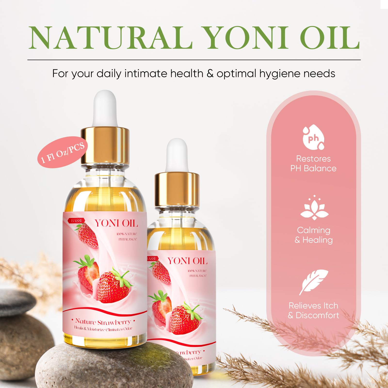 Aceite Yoni de BASSI con ingredientes naturales para suavidad y confort.