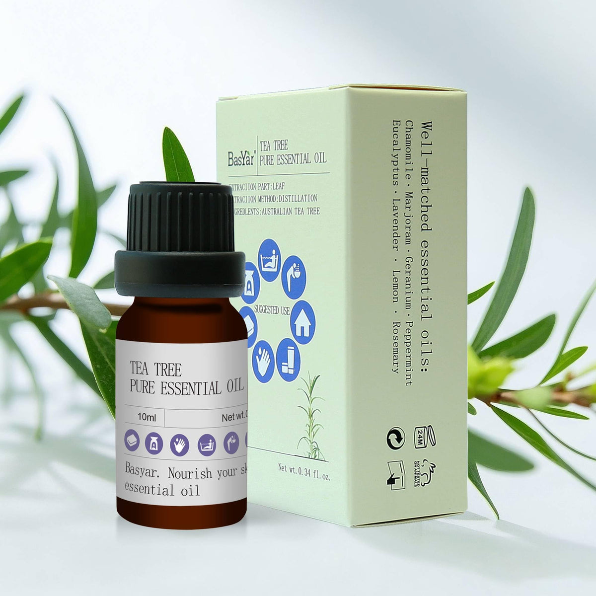 Basyar aceite de árbol de té en frasco ámbar para uso suave en piel.