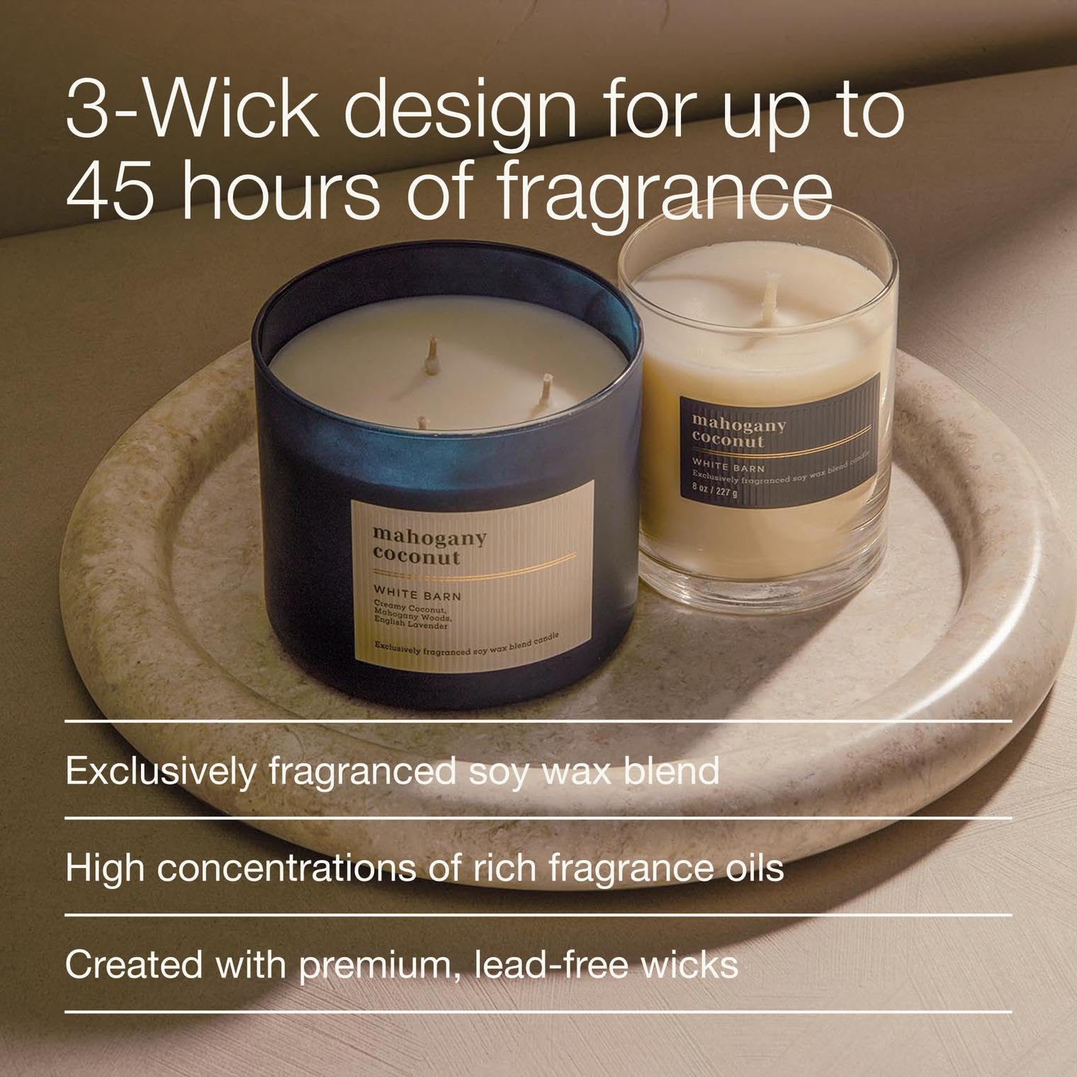 Bath & Body Works Mahogany Coconut: vaso de vidrio decorativo con tapa, presentación regalo.