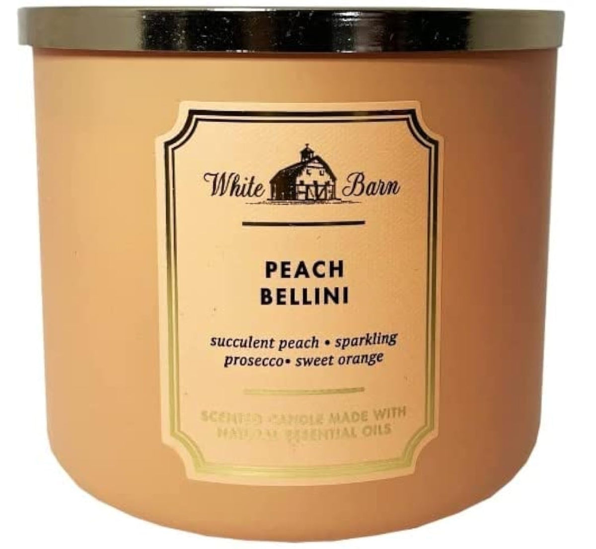 Vela Bath & Body Works White Barn Peach Bellini con tres mechas, aroma afrutado que llena la habitación