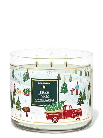 Bath & Body Works White Barn vela 3 mechas Tree Farm, aroma envolvente para la temporada festiva.