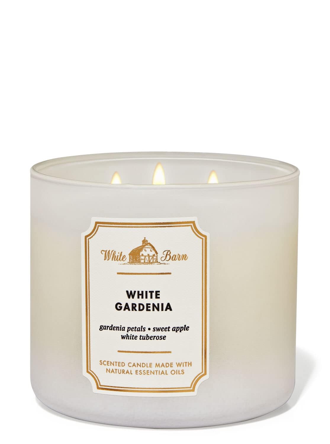 Bath & Body Works White Barn vela 3 mechas, detalle del diseño del empaque.