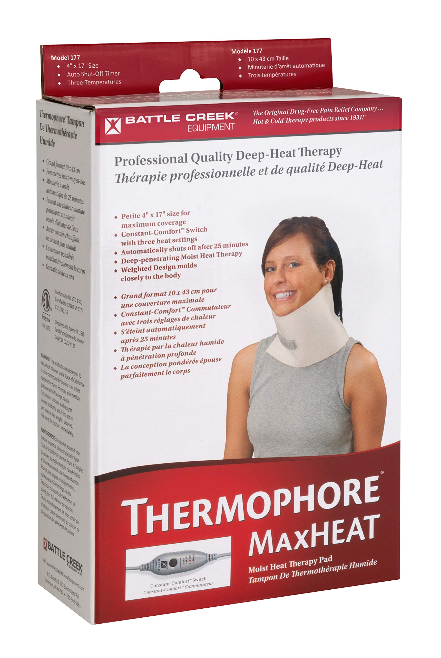 Caja y empaque de envío de Thermophore MaxHeat petite 4x17 para protección.
