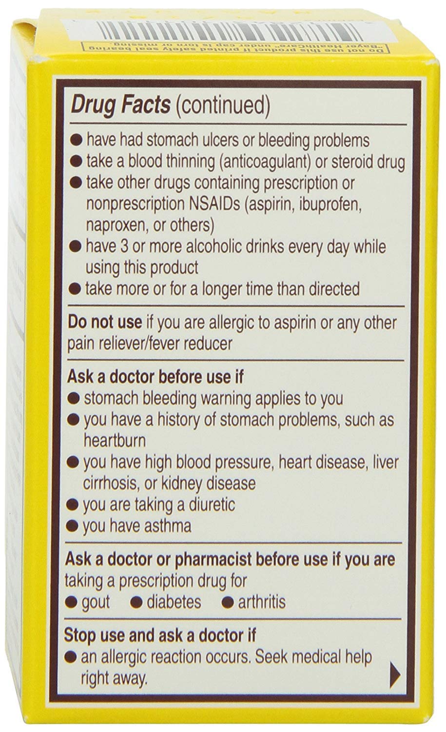 Vista frontal de la caja Bayer Aspirin 325 mg para alivio del dolor.