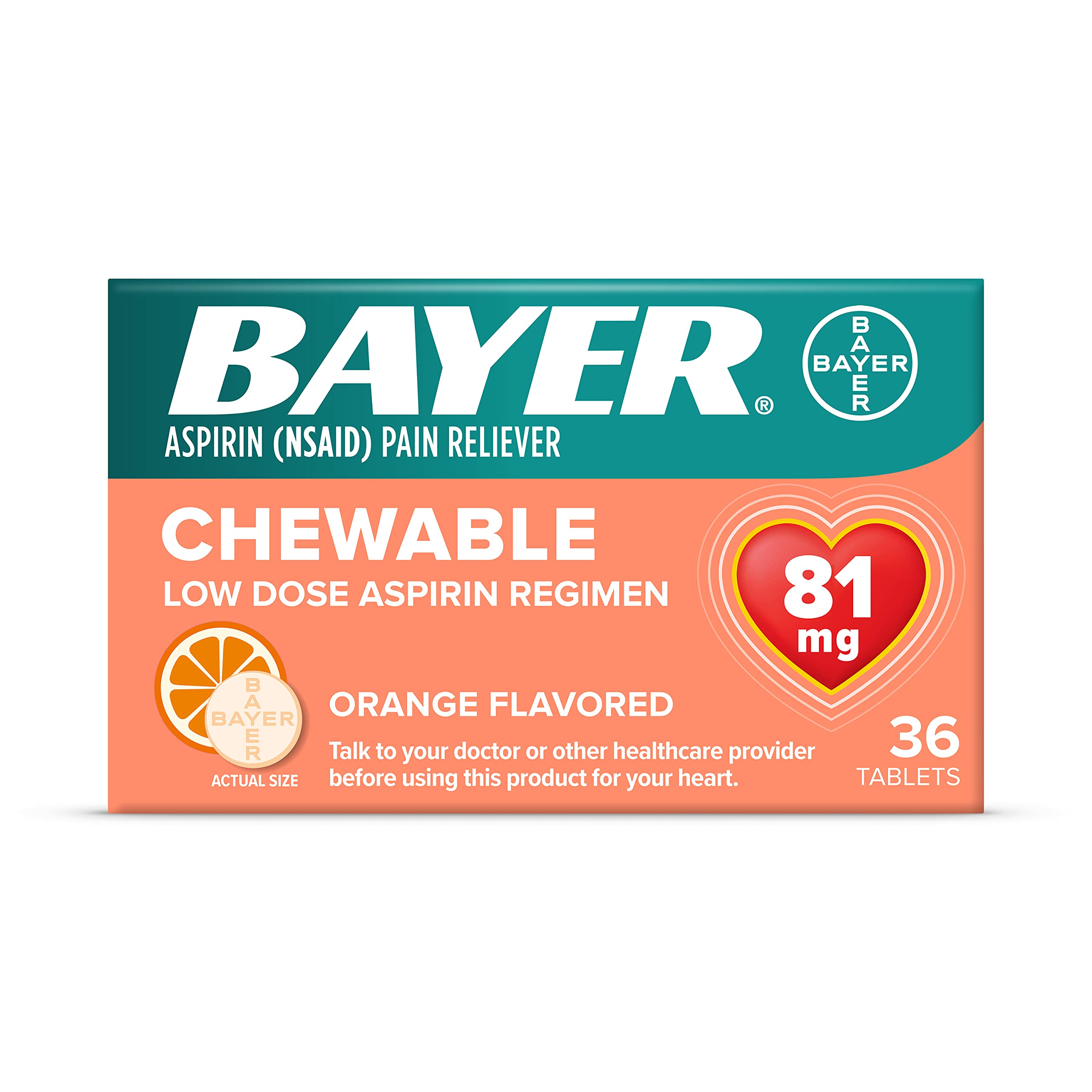 Aspirina Bayer masticable 81 mg, sabor naranja, 216 tabletas para la rutina diaria.