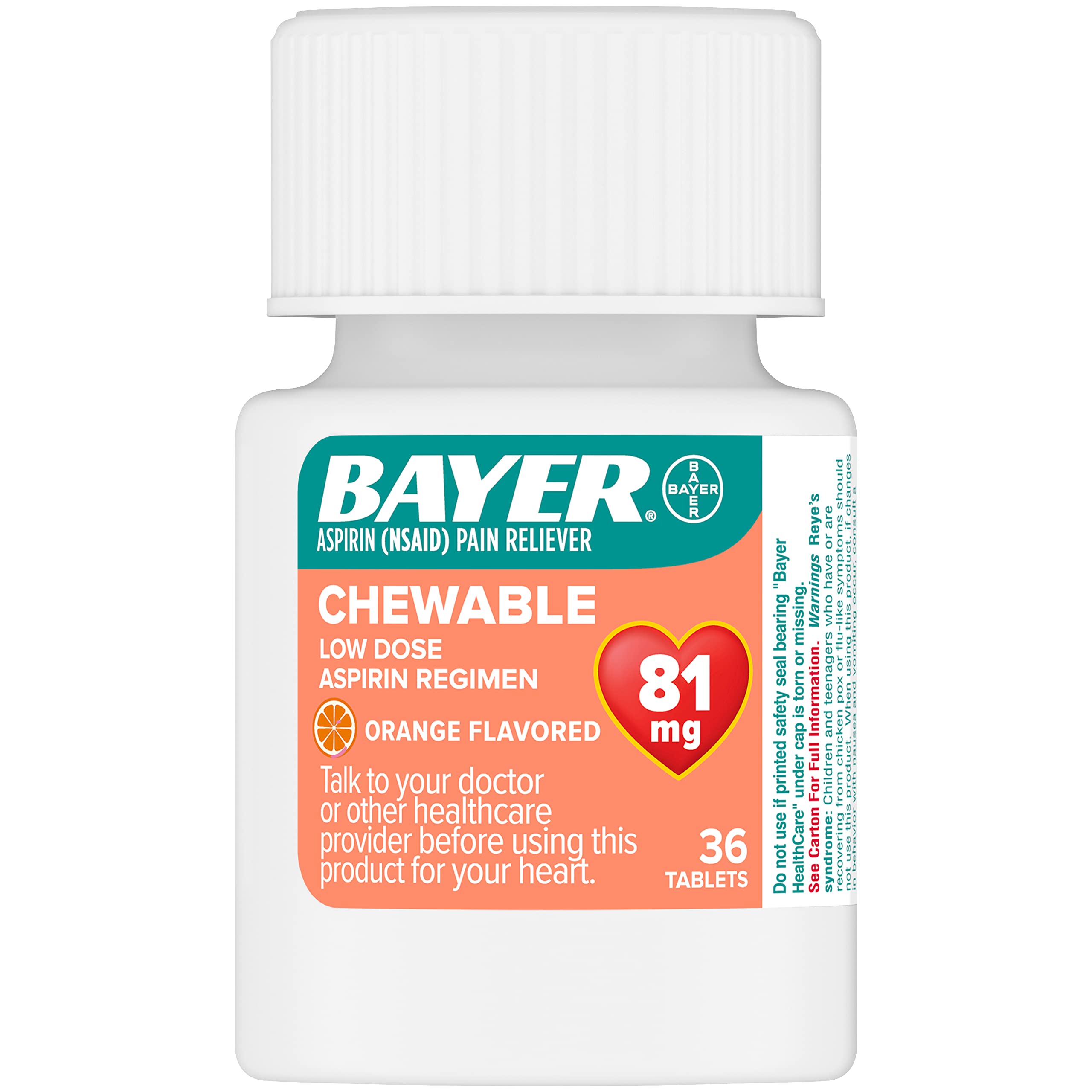 Tabletas masticables Bayer 81 mg, sabor naranja, rápidas de consumir.