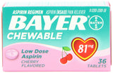 Bayer Aspirina masticable 81 mg sabor cereza, opción diaria para el cuidado de la salud.