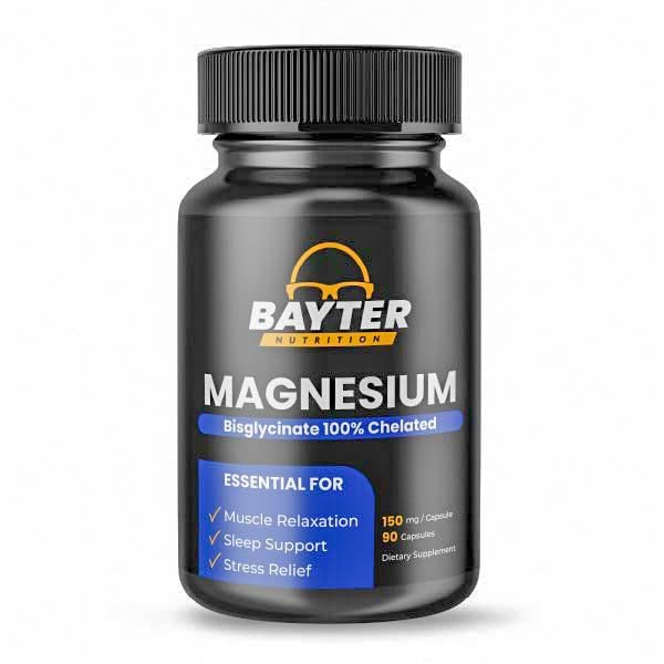 Bayter Nutrition magnesio bisglicinato — botella frontal para sueño y relajación muscular.