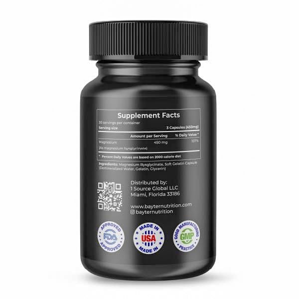 Bayter Nutrition magnesio bisglicinato — etiqueta trasera con información de metabolismo.