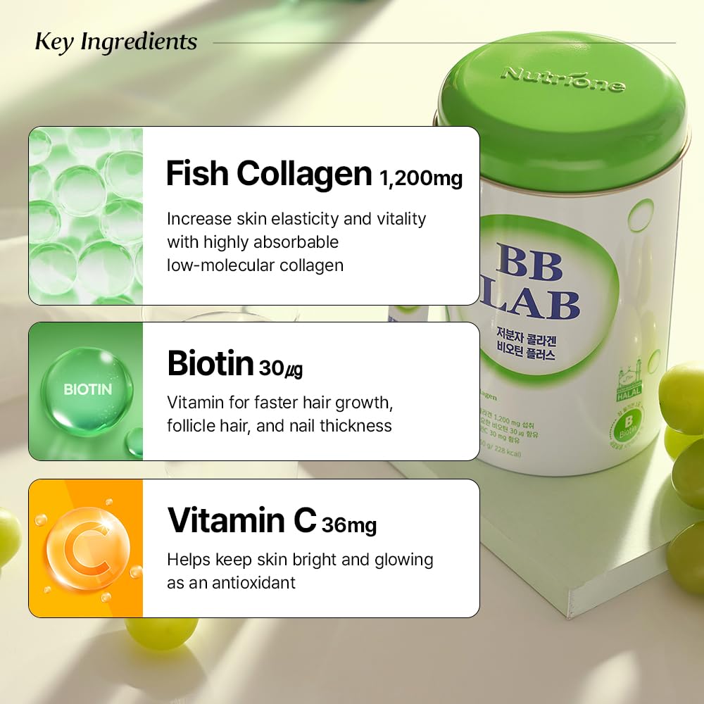 BB LAB ingredientes clave: colágeno marino, biotina y vitamina C para apoyo diario.