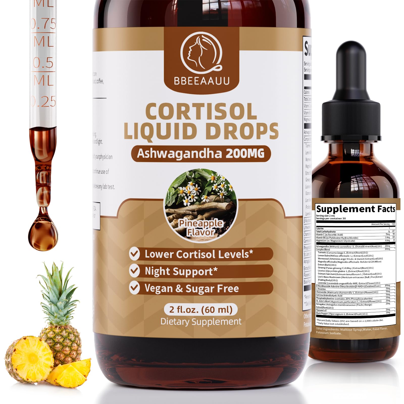 BBEEAAUU gotas cortisol 21 en 1 en botella para uso diario.