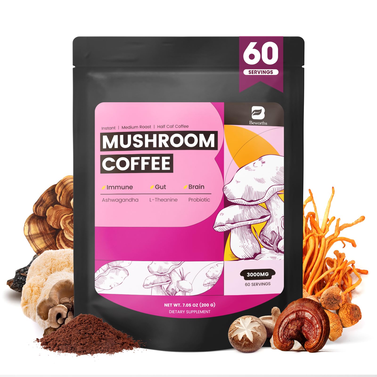 Café de hongos B BEWORTHS: paquete con 10 hongos para energía equilibrada.