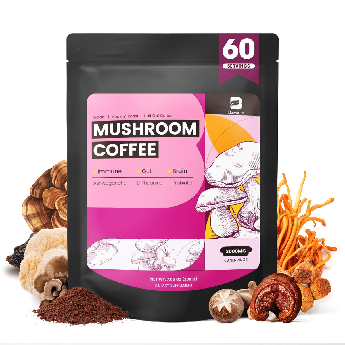 Café de hongos B BEWORTHS: paquete con 10 hongos para energía equilibrada.